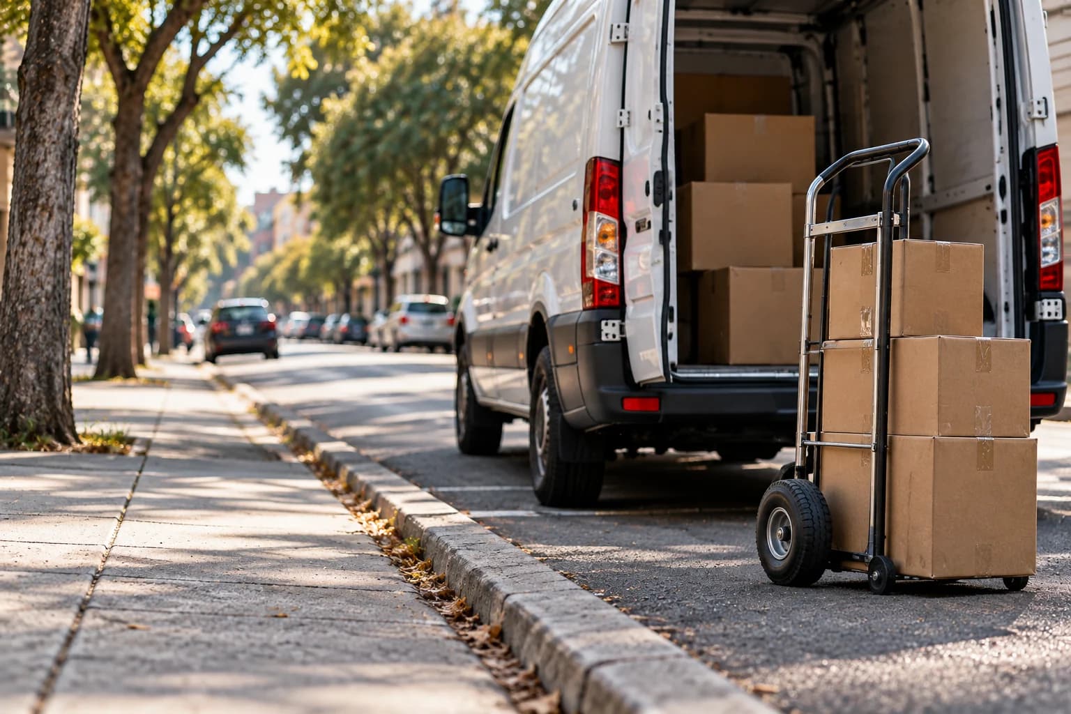 Illustrative parcels on a hand trolley beside a parked delivery van