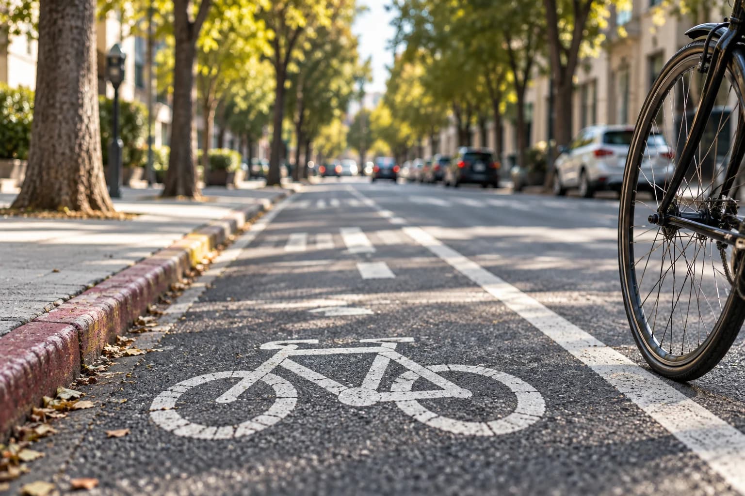 Illustrative bicycle wheel beside an urban curb and bike lane
