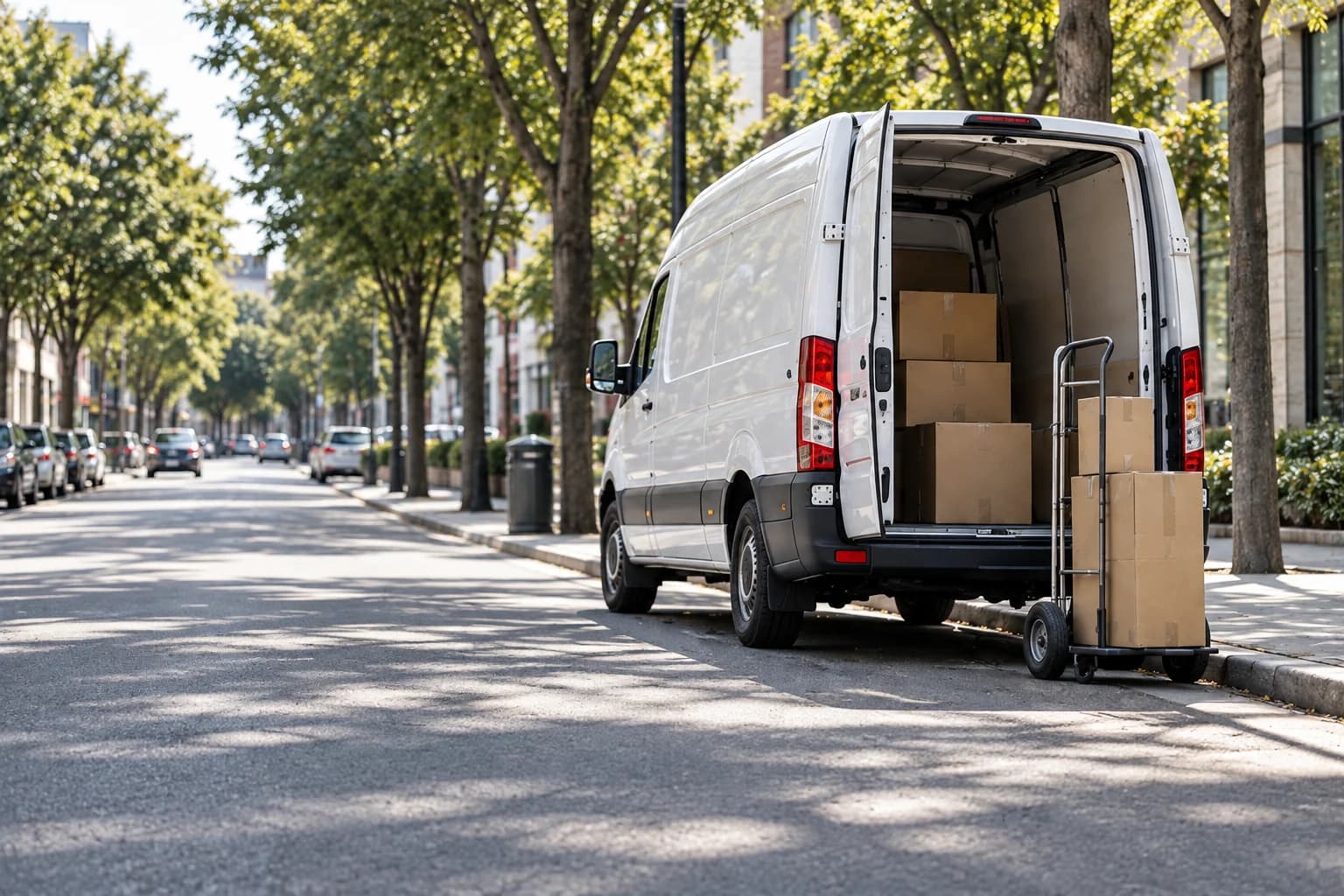 Illustrative delivery van parked at an urban curb