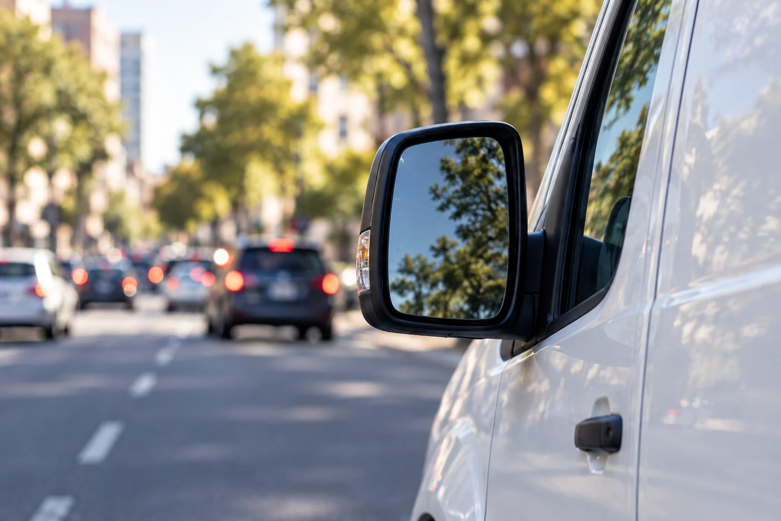 Illustrative close view of a delivery van mirror with the street beyond