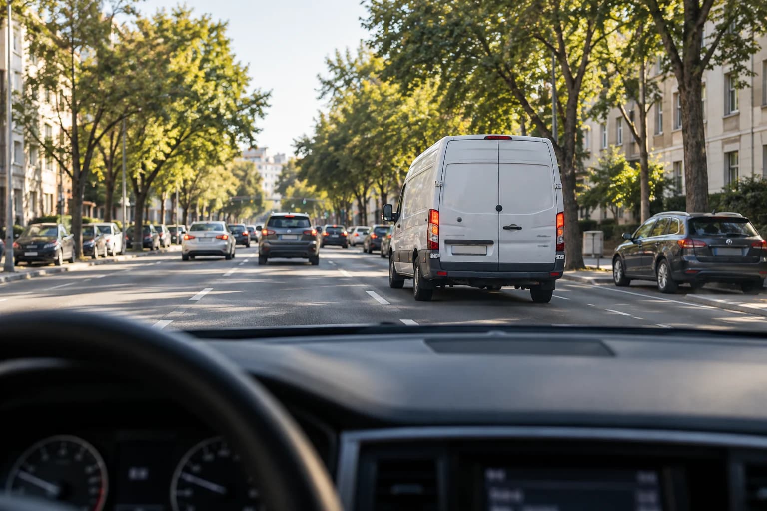 Illustrative passenger-seat view of traffic and a delivery van ahead